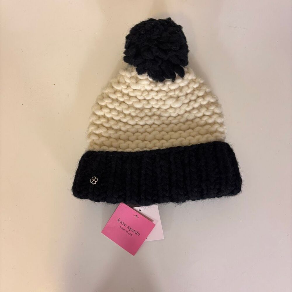 New Kate Spade Cream and Black Wool Pom Pom Winter Hat Women's